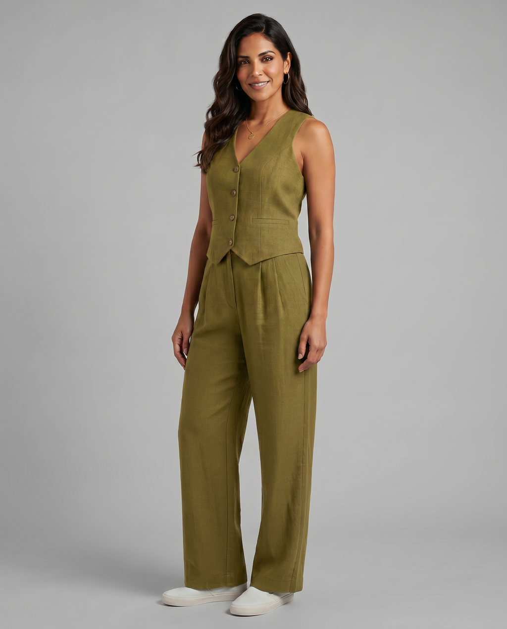 Elegantes Leinen Co-Ord Set für Frauen mit Weste und weit geschnittenen Hosen. 6