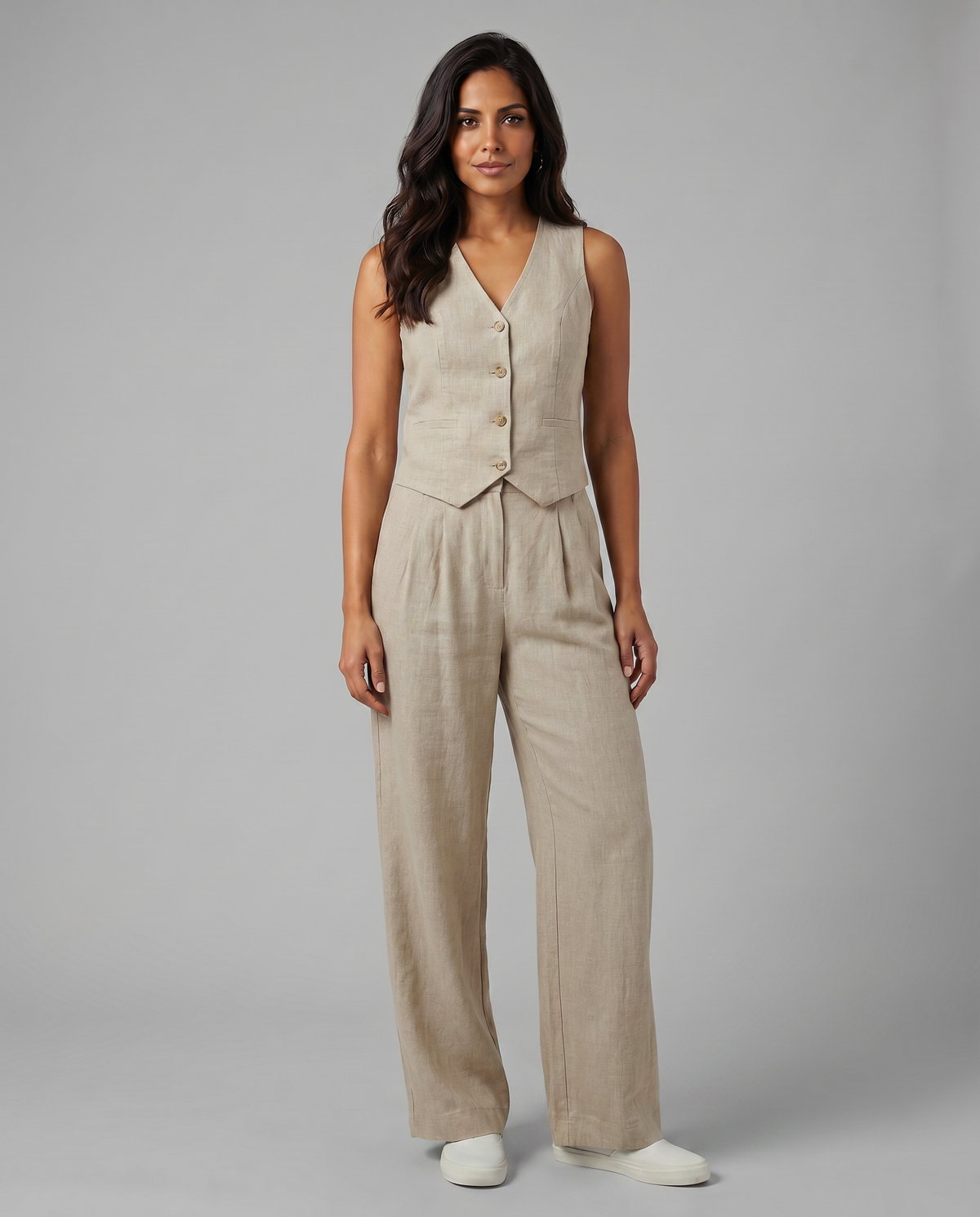 Elegantes Leinen Co-Ord Set für Frauen mit Weste und weit geschnittenen Hosen. 7