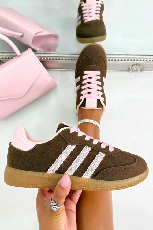 Sneaker mit Streifen und Kristallen in Braun