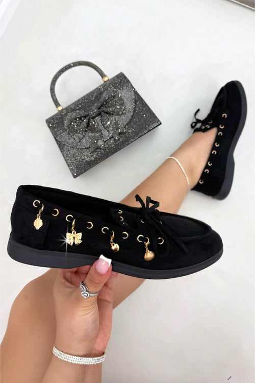 Elegante schwarze Samt Charme Luxe Schnürloafer für Damen.