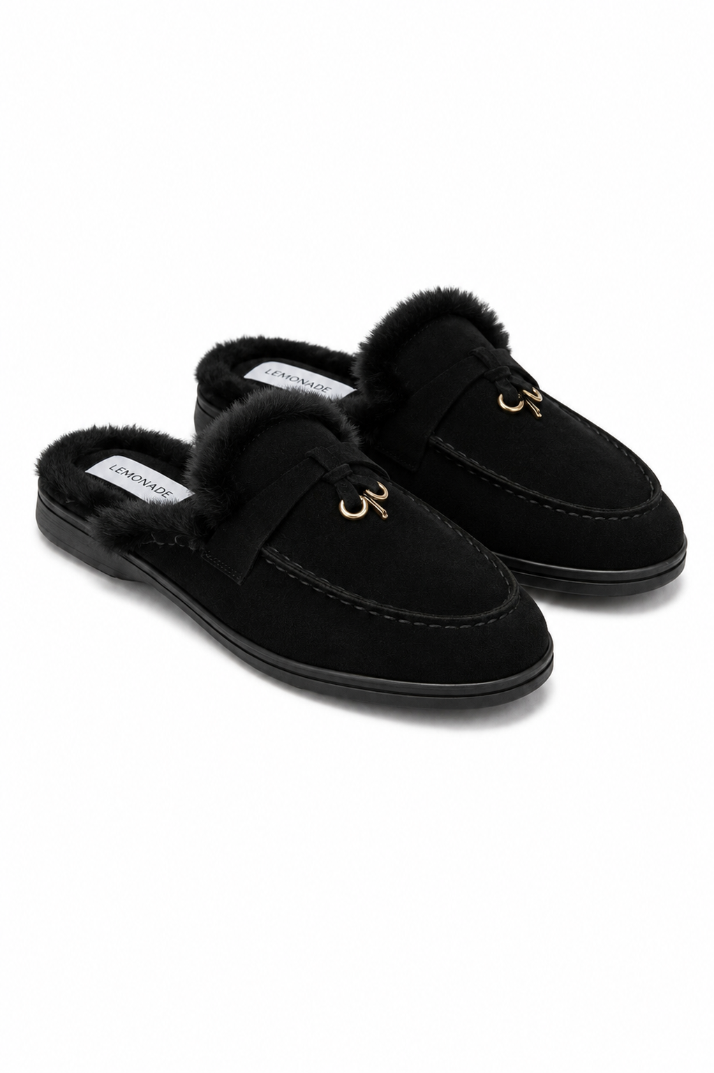 Bequeme Samte Clogs Mules in Schwarz mit Kunstfell-Fütterung. 5