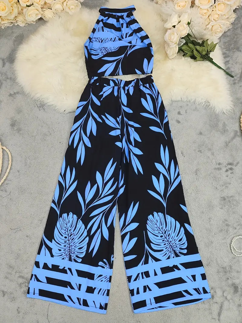 Tropisches Haltertop und weite Hose für Frauen in elegantem Design. 10