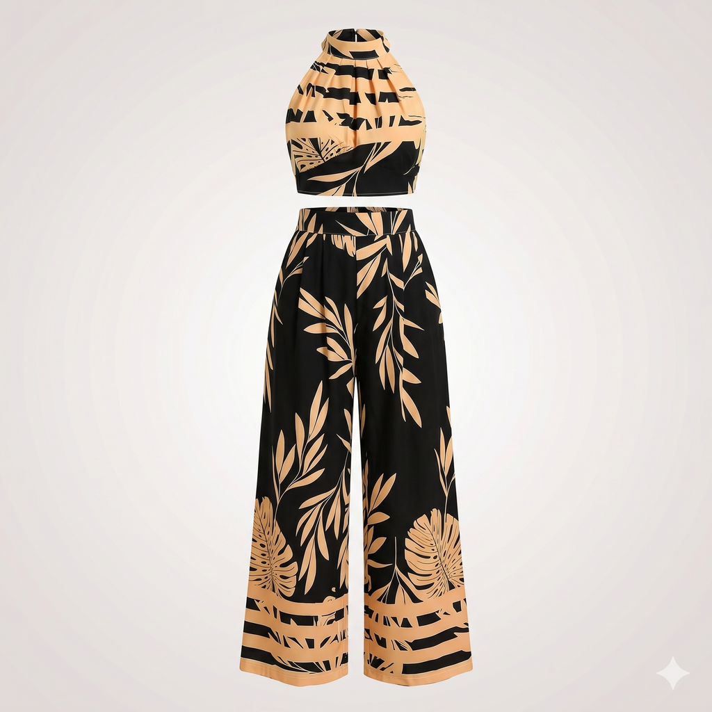Tropisches Haltertop und weite Hose für Frauen in elegantem Design. 2