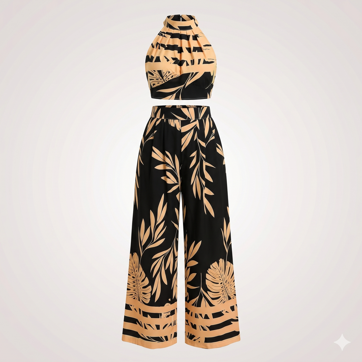 Tropisches Haltertop und weite Hose für Frauen in elegantem Design. 2