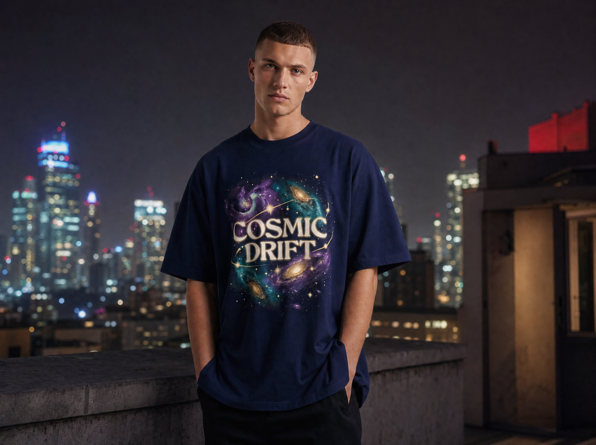 Kosmische Drift Oversized Streetwear T-Shirt – Lifestyle-Aufnahme