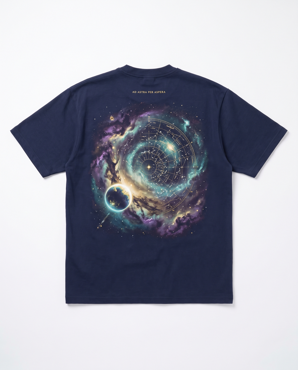 Kosmische Drift T-Shirt, Rückseitendetail Grafikdruck – Pursesnet
