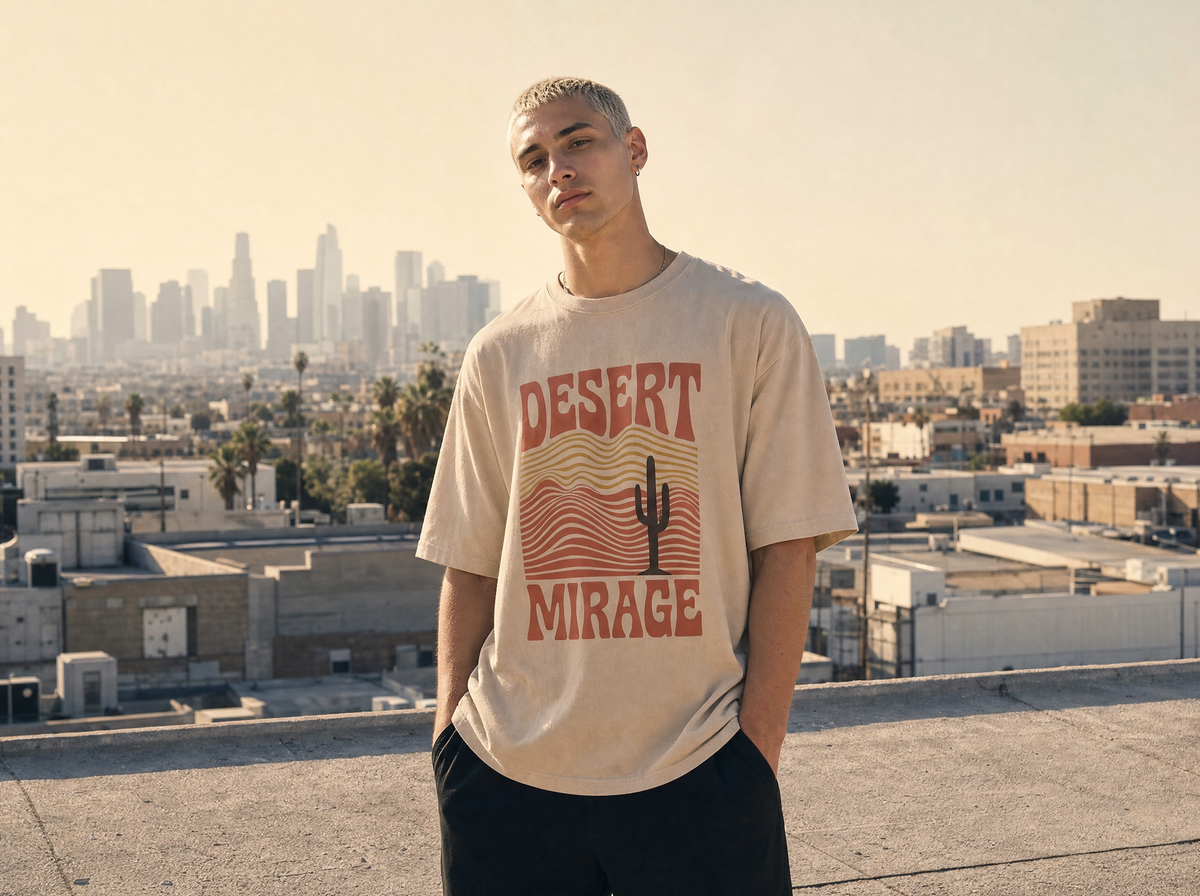 Wüsten-Fata-Morgana Oversized Streetwear T-Shirt – Lifestyle-Aufnahme