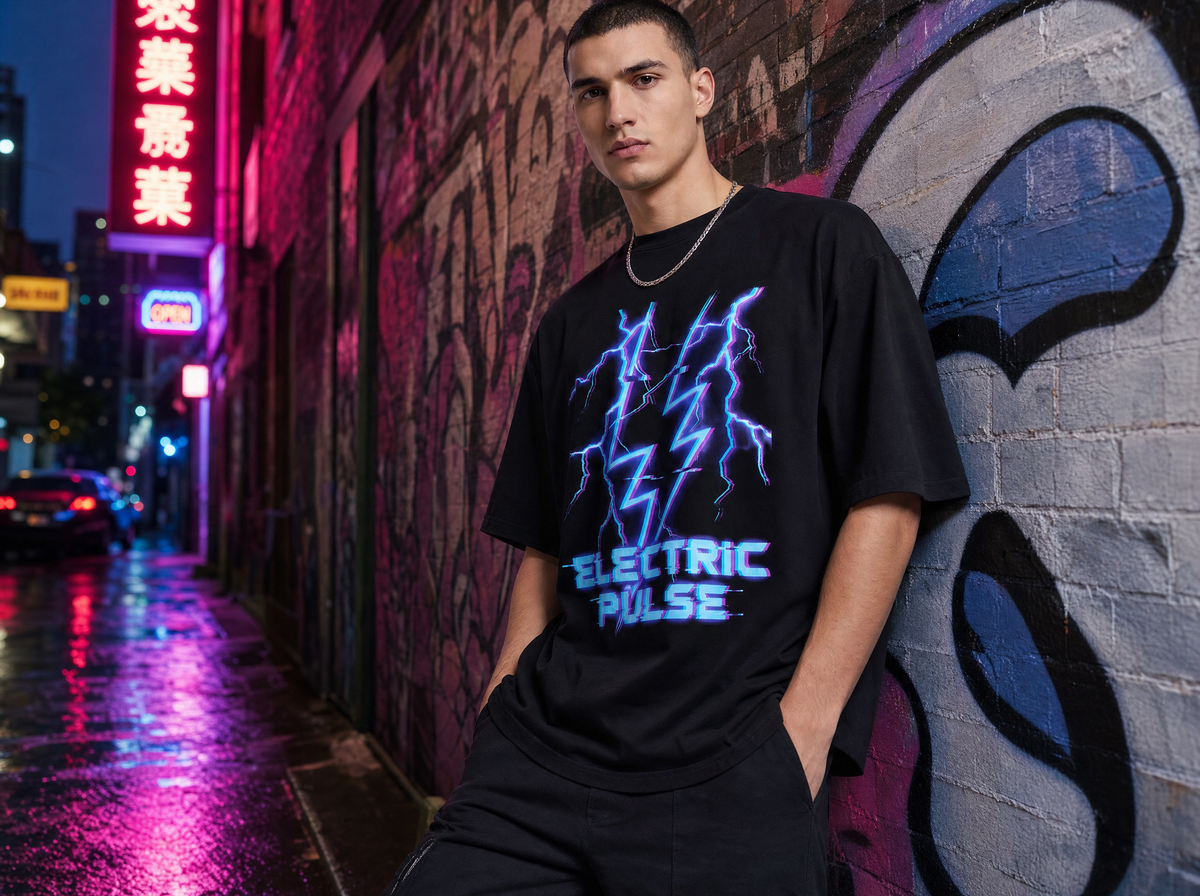 Elektrischer Puls Oversized Streetwear T-Shirt – Lifestyle-Aufnahme