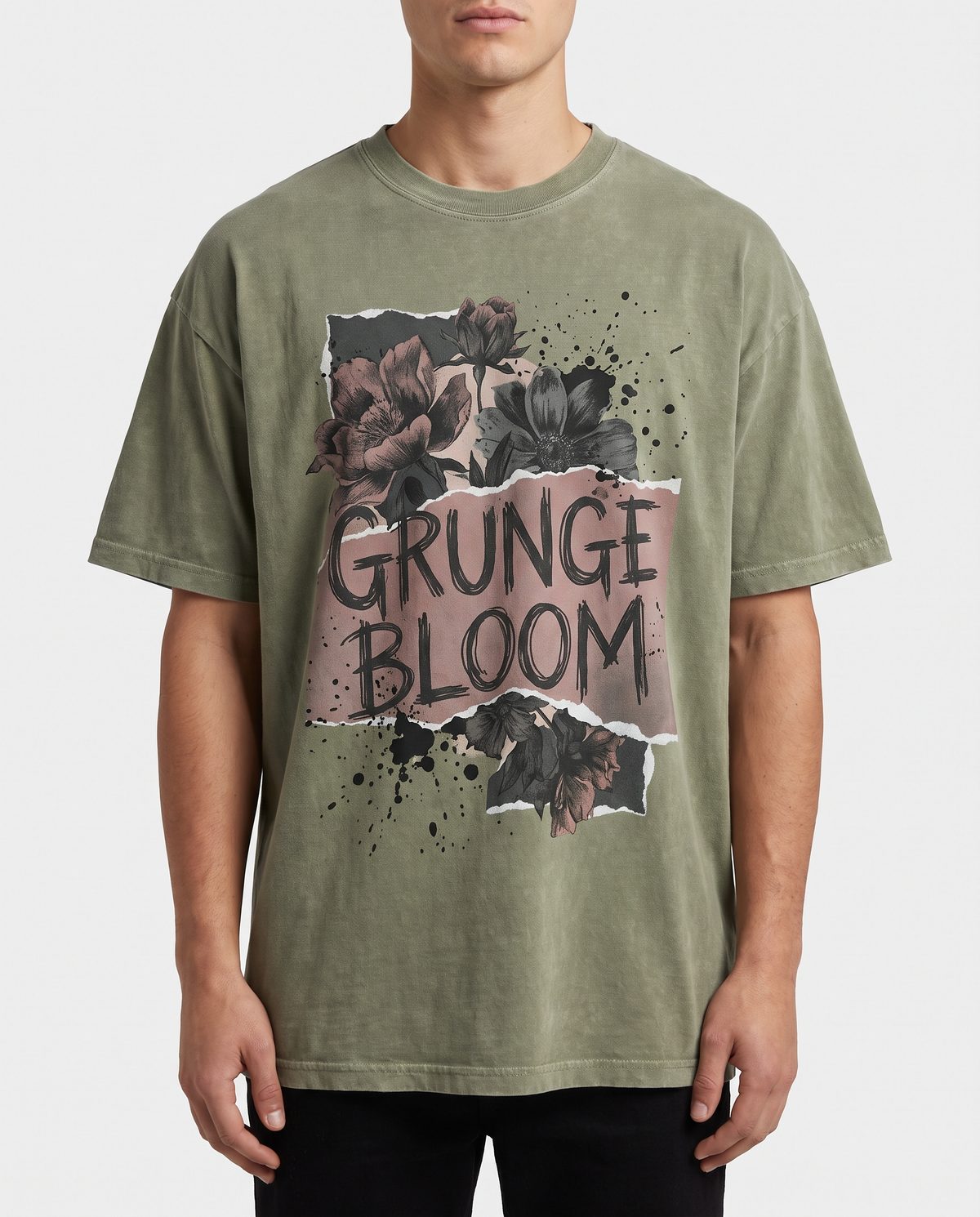 Grunge Blüte Oversized Streetwear T-Shirt, Vorderansicht – Pursesnet