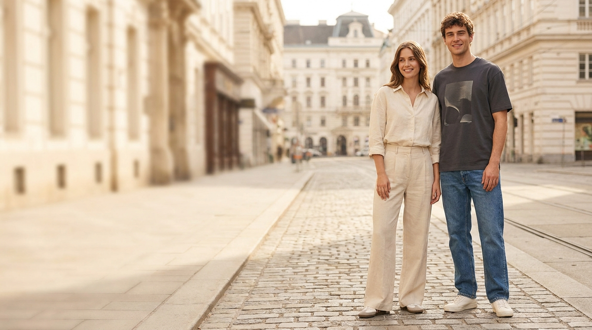 Damen- und Herrenmode von Pursesnet – Editorial-Aufnahme in Wien