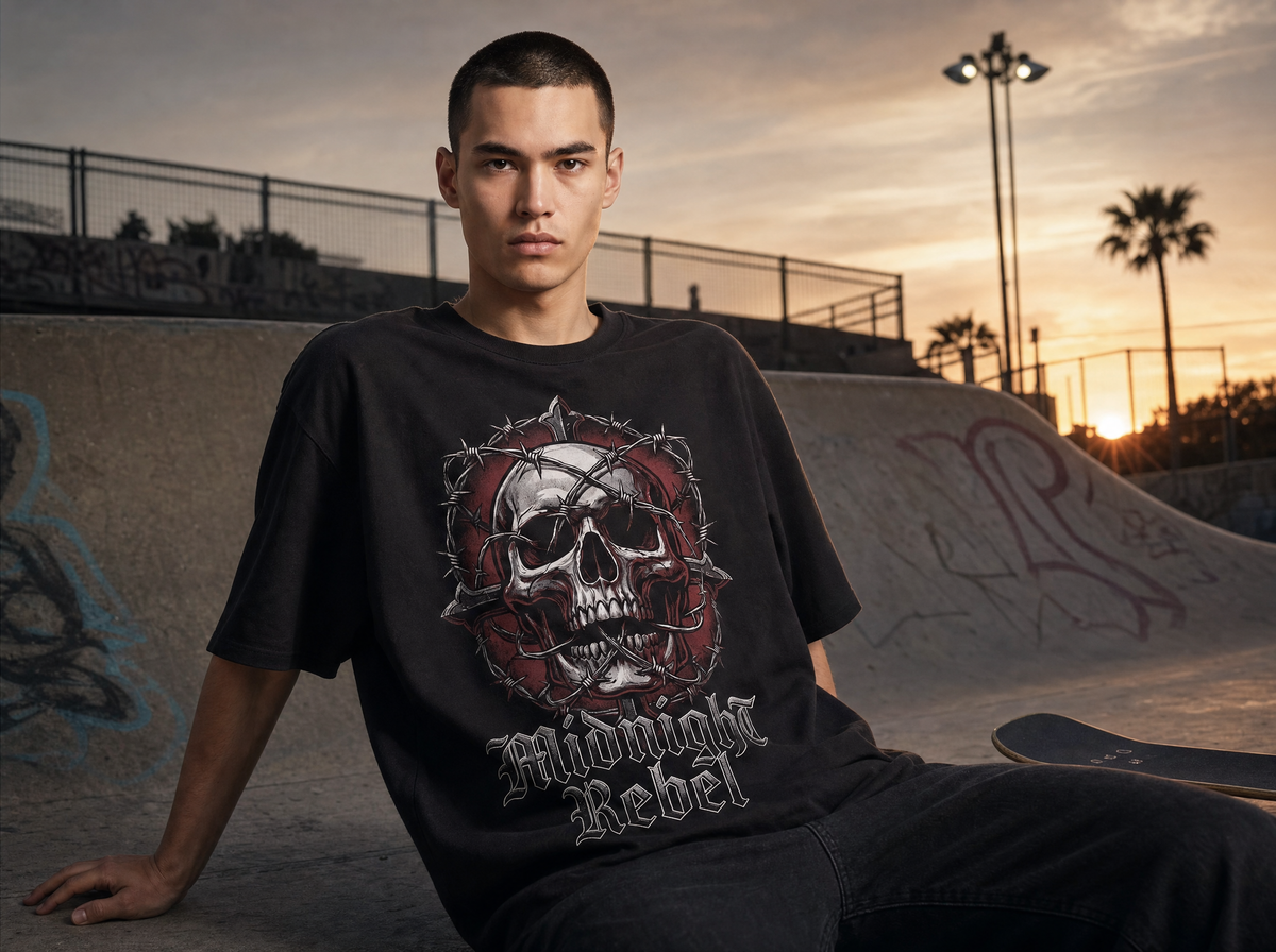Mitternachtsrebell Oversized Streetwear T-Shirt – Lifestyle-Aufnahme