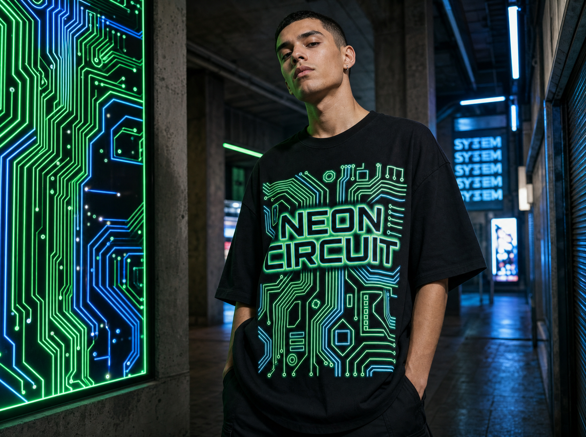Neon Schaltkreis Oversized Streetwear T-Shirt – Lifestyle-Aufnahme