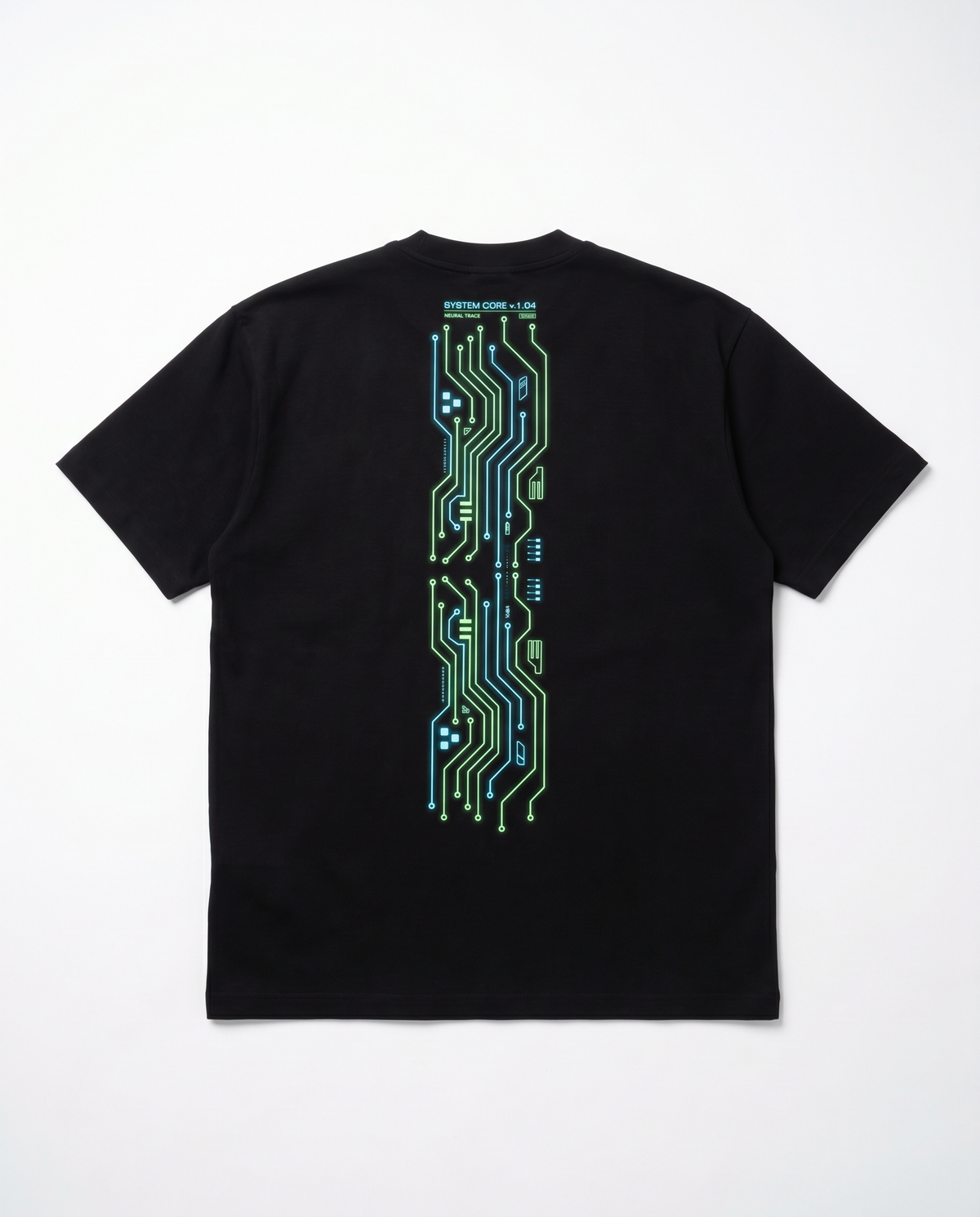 Neon Schaltkreis T-Shirt, Rückseitendetail Grafikdruck – Pursesnet