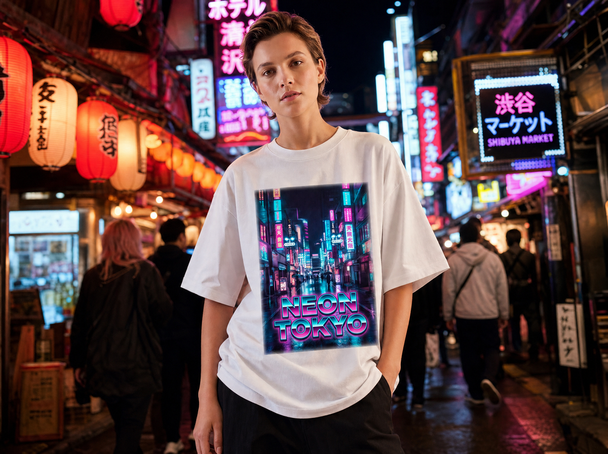 Neon Tokio Oversized Streetwear T-Shirt – Lifestyle-Aufnahme