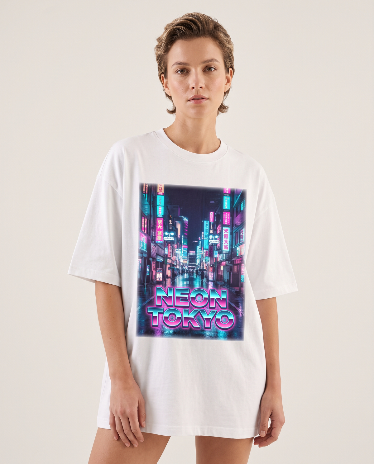 Neon Tokio Oversized Streetwear T-Shirt, Vorderansicht – Pursesnet