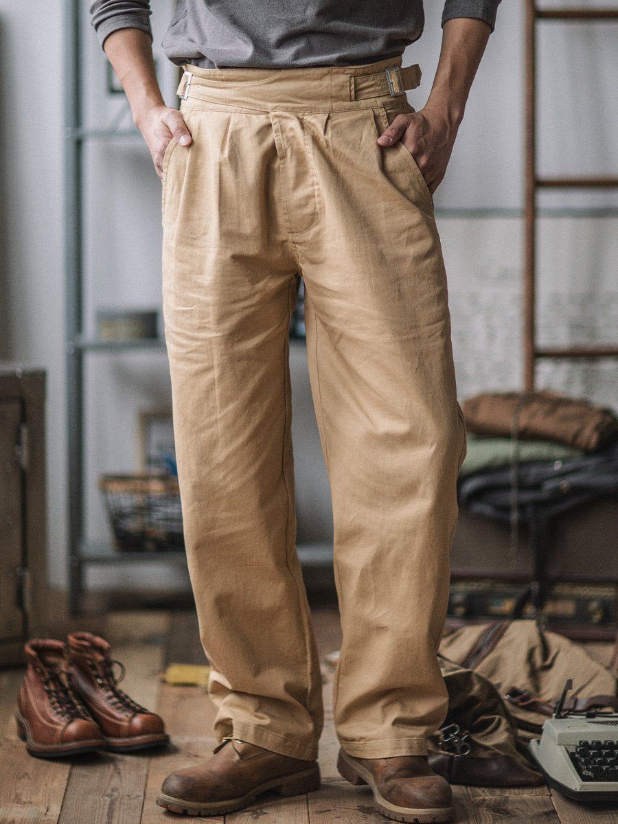 Vintage Stil Herren Arbeits Hose Baumwoll-Canvas Falten Hohe Taille Schnallenverschluss - Khaki / Grün Robuste — Main Image