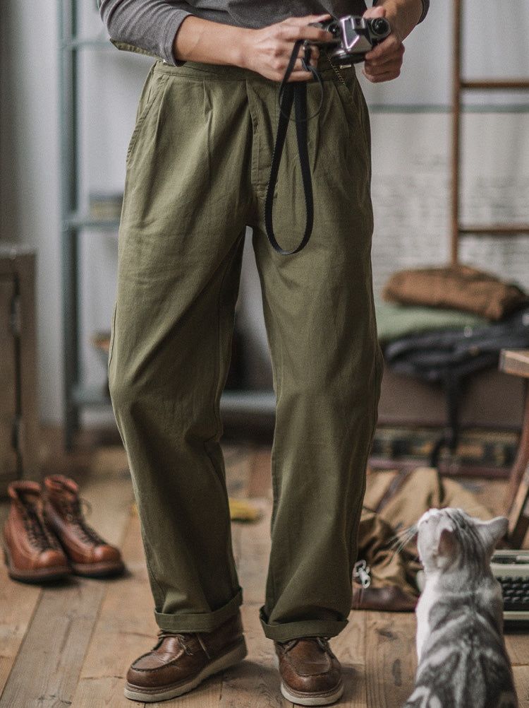 Vintage Stil Herren Arbeits Hose Baumwoll-Canvas Falten Hohe Taille Schnallenverschluss - Khaki / Grün Robuste — Image 7