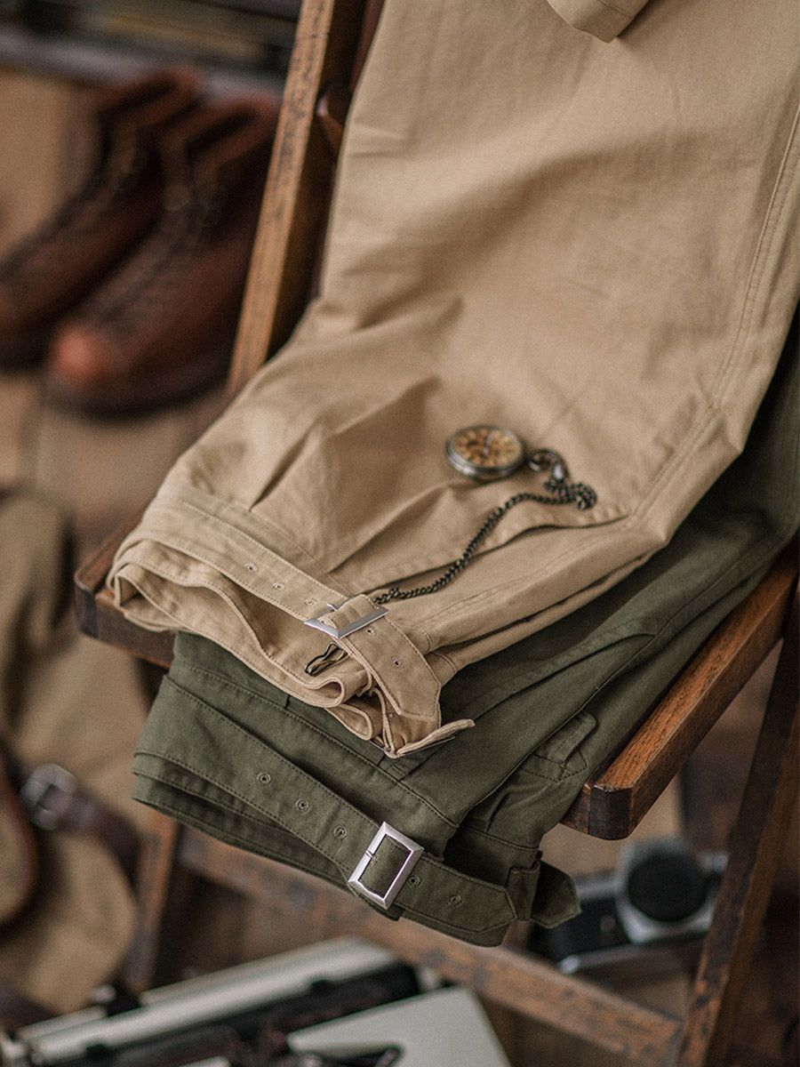 Vintage Stil Herren Arbeits Hose Baumwoll-Canvas Falten Hohe Taille Schnallenverschluss - Khaki / Grün Robuste — Image 9